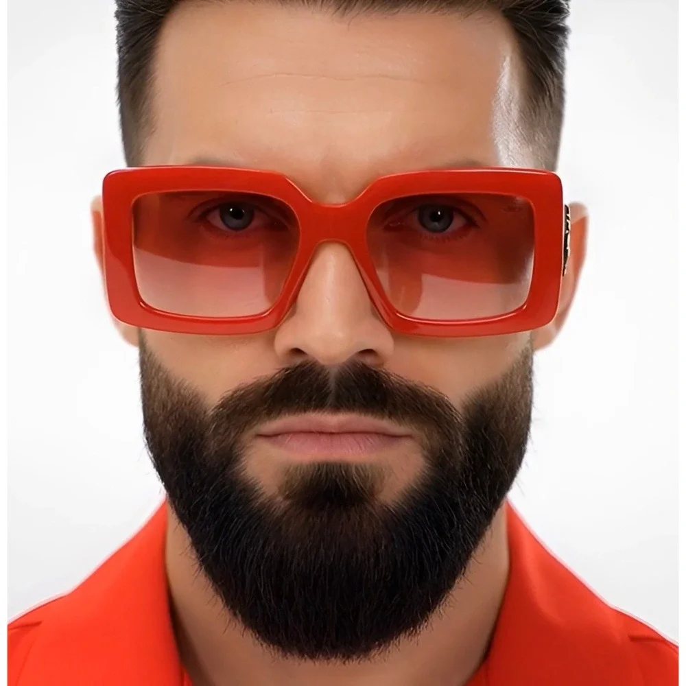 Sunglasses‎ Red Frame Gold Accent Square Design Fashion Shades Trendy Lentes New